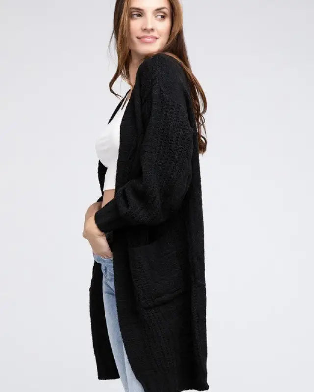 Twist Knitted Open Front Cardigan With Pockets