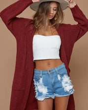 Twist Knitted Open Front Cardigan With Pockets