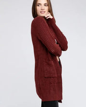 Twist Knitted Open Front Cardigan With Pockets