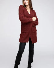 Twist Knitted Open Front Cardigan With Pockets