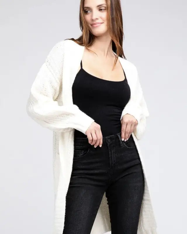 Twist Knitted Open Front Cardigan With Pockets