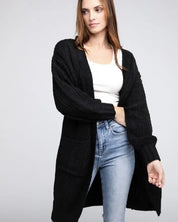 Twist Knitted Open Front Cardigan With Pockets - Black / S