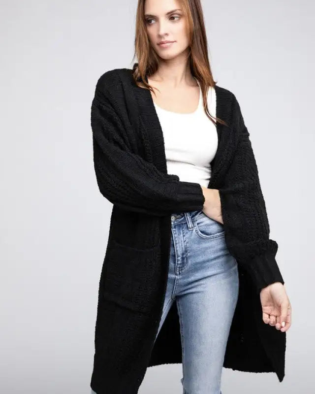 Twist Knitted Open Front Cardigan With Pockets - Black / S