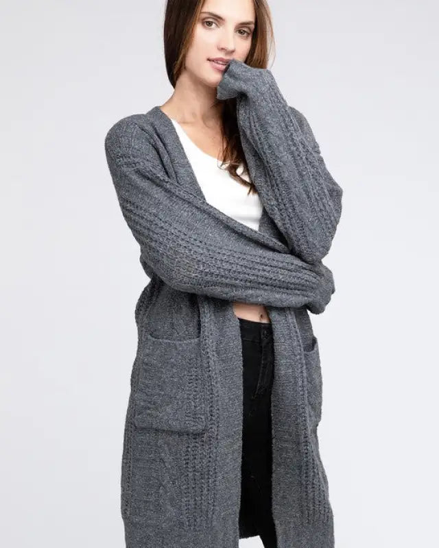 Twist Knitted Open Front Cardigan With Pockets - Charcoal / S