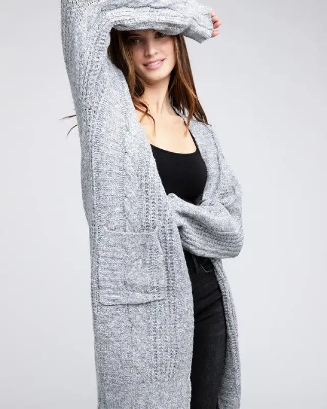 Twist Knitted Open Front Cardigan With Pockets - Grey / S