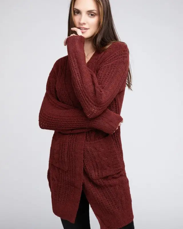 Twist Knitted Open Front Cardigan With Pockets - Marsala / S