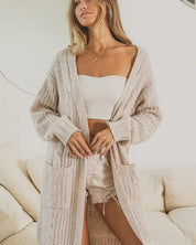 Twist Knitted Open Front Cardigan With Pockets - Oatmeal / S