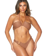 TWO PIECE V SHAPE DESIGN HALTER NECKLINE BIKINI - Coffee / S