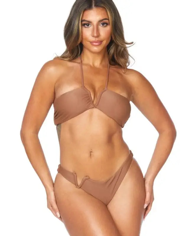 TWO PIECE V SHAPE DESIGN HALTER NECKLINE BIKINI - Coffee / S