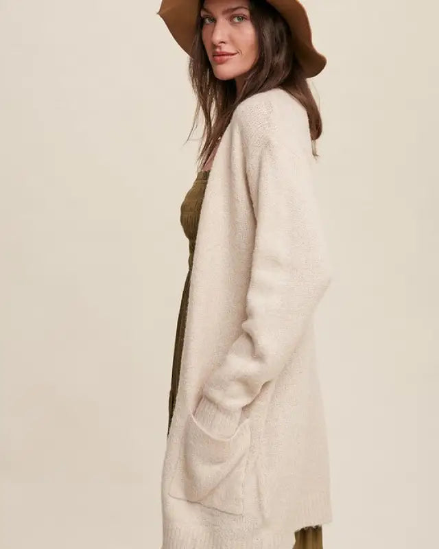 Two Pocket Open-Front Long Knit Cardigan