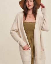 Two Pocket Open-Front Long Knit Cardigan