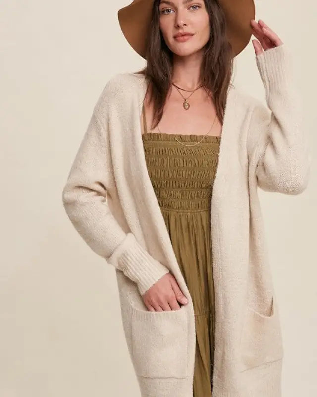 Two Pocket Open-Front Long Knit Cardigan