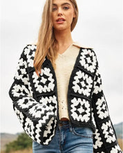 Two-Tone Floral Square Crochet Open Knit Cardigan