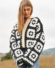 Two-Tone Floral Square Crochet Open Knit Cardigan