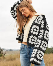 Two-Tone Floral Square Crochet Open Knit Cardigan