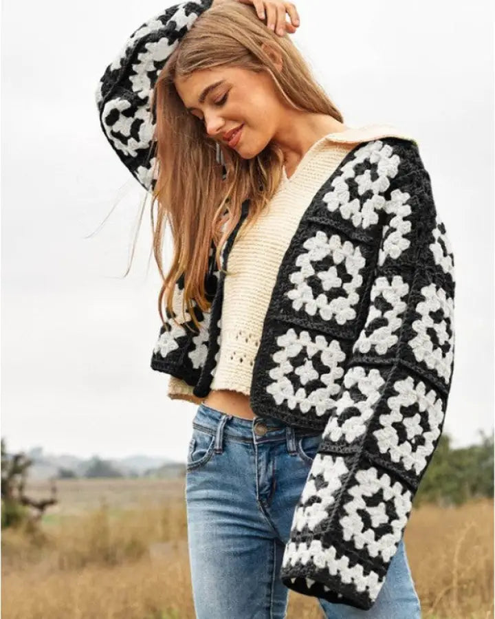 Two-Tone Floral Square Crochet Open Knit Cardigan