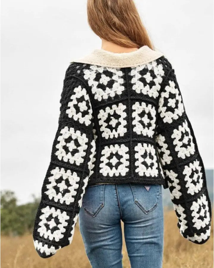 Two-Tone Floral Square Crochet Open Knit Cardigan