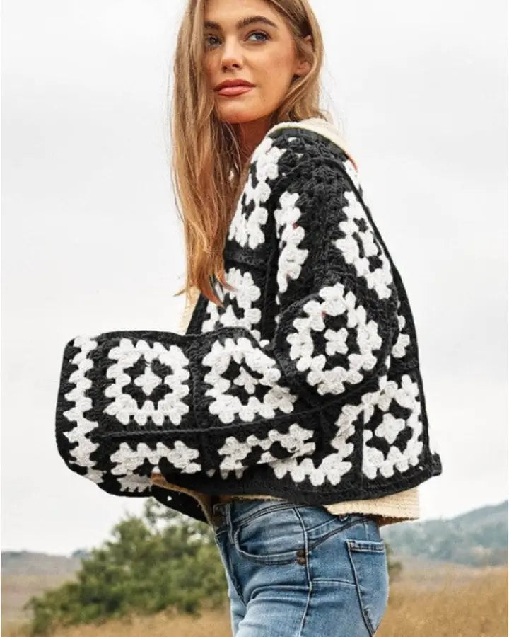 Two-Tone Floral Square Crochet Open Knit Cardigan