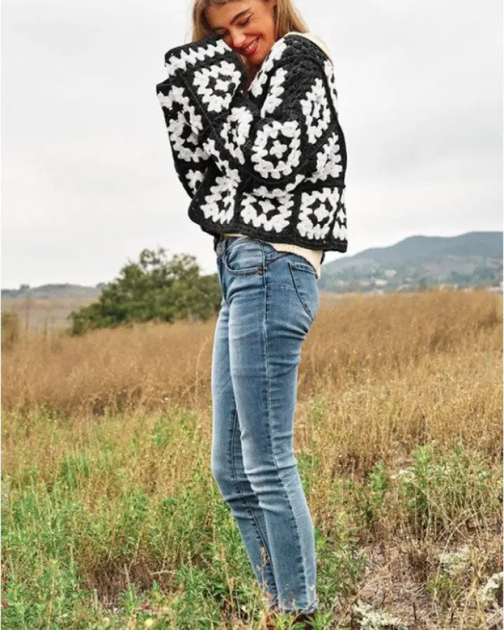 Two-Tone Floral Square Crochet Open Knit Cardigan