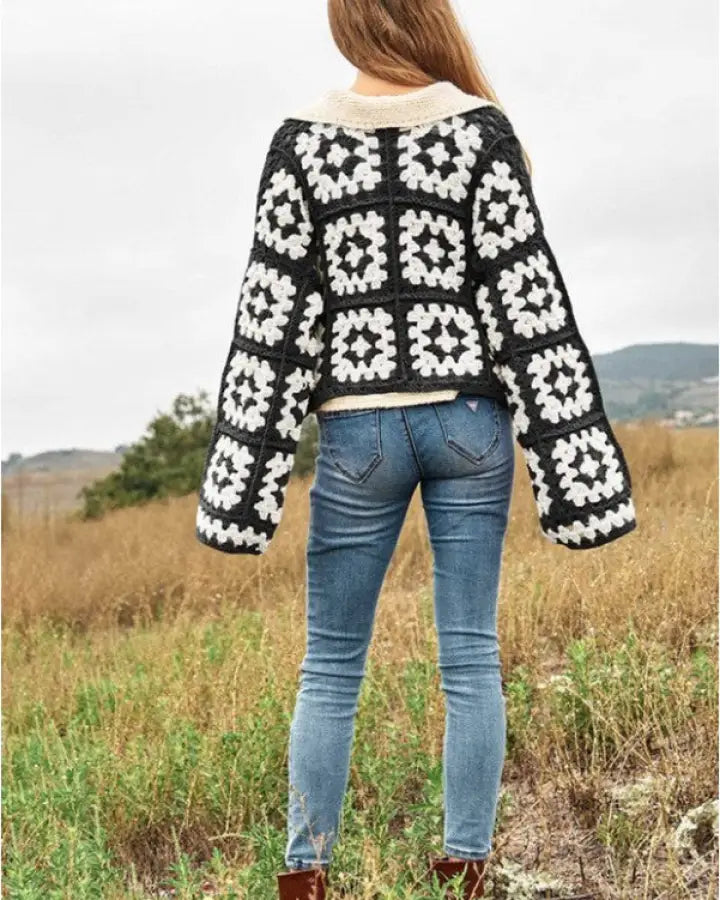 Two-Tone Floral Square Crochet Open Knit Cardigan