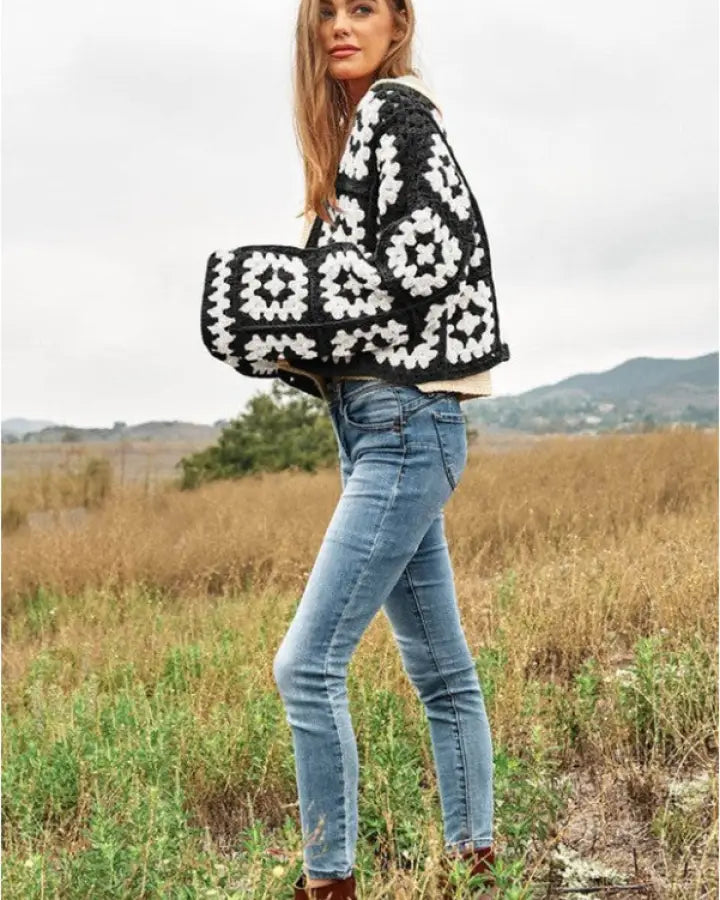 Two-Tone Floral Square Crochet Open Knit Cardigan