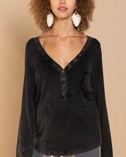 V-neck Button Down Long Sleeve Top - BLACK / L