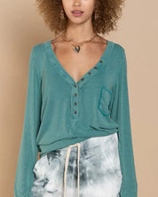 V-neck Button Down Long Sleeve Top - TEAL / L