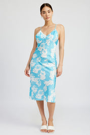 V NECK FLORAL DRESS WITH OPEN BACK - TURQUOISE / S