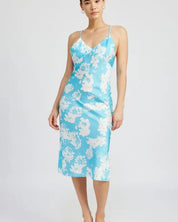 V NECK FLORAL DRESS WITH OPEN BACK - TURQUOISE / S