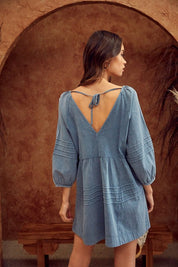 V-Neck Pleated Washed Dress