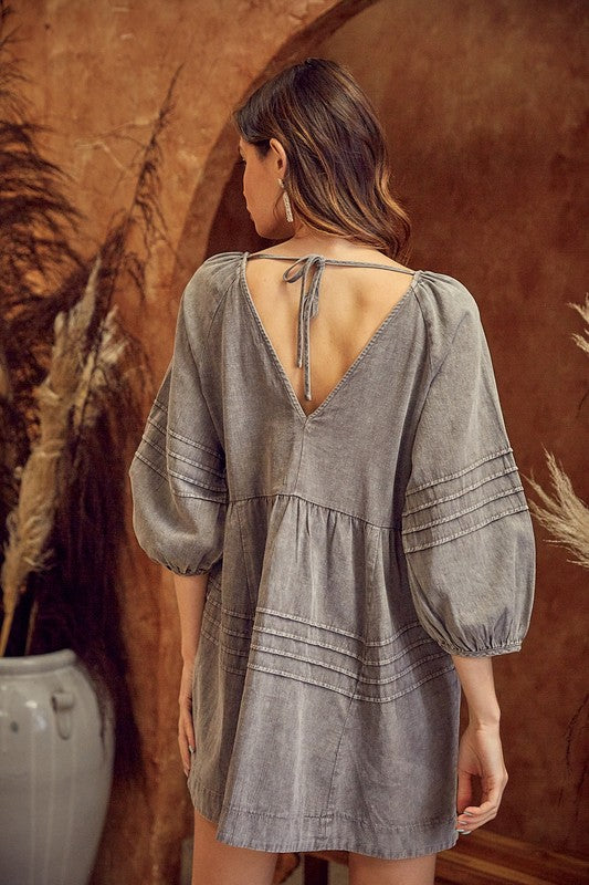 V-Neck Pleated Washed Dress