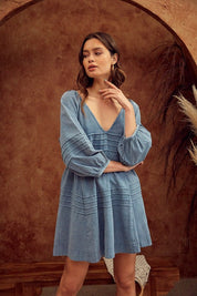 V-Neck Pleated Washed Dress