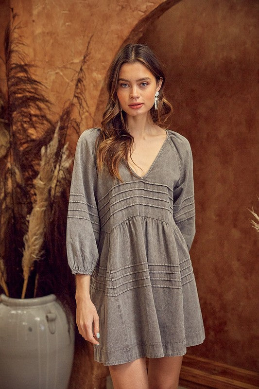 V-Neck Pleated Washed Dress