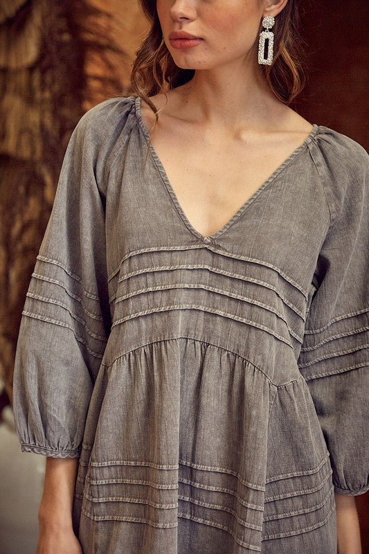 V-Neck Pleated Washed Dress