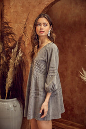 V-Neck Pleated Washed Dress