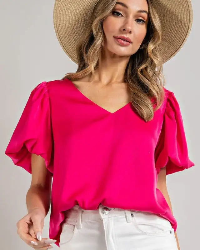 V-Neck Puff Sleeve Blouse Top