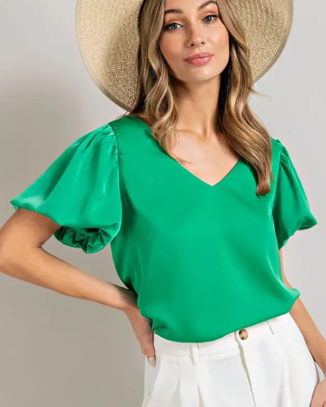 V-Neck Puff Sleeve Blouse Top