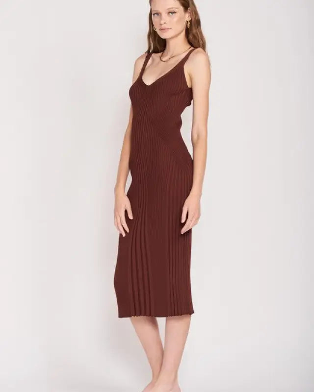 V Neck Ribbed Midi Dress With Open Back