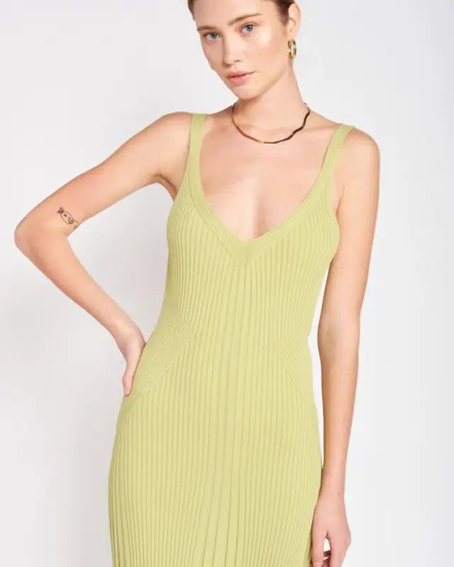 V Neck Ribbed Midi Dress With Open Back