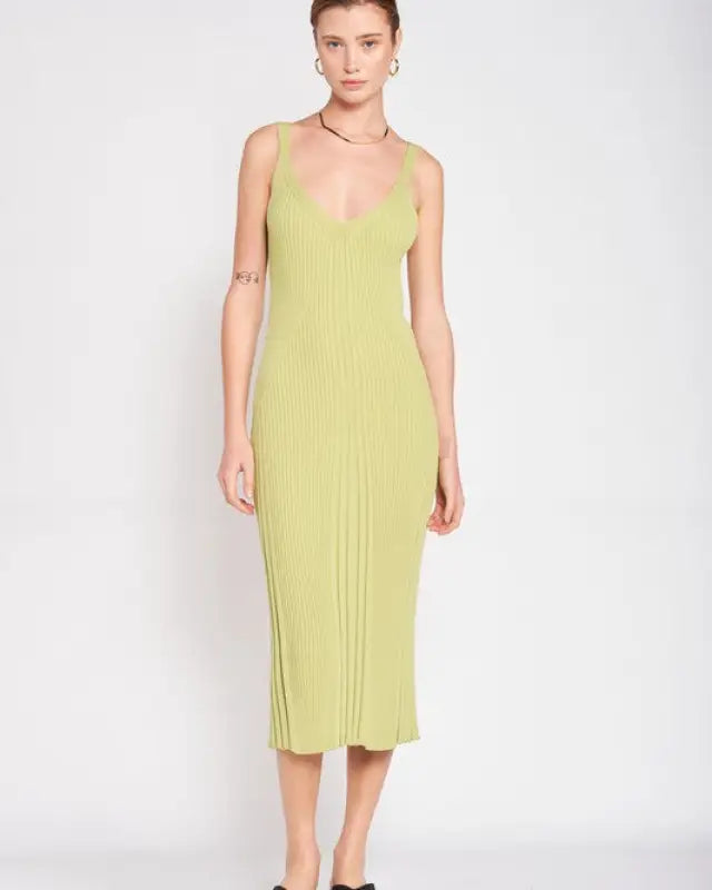 V Neck Ribbed Midi Dress With Open Back