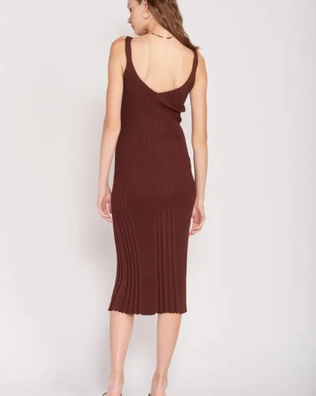 V Neck Ribbed Midi Dress With Open Back