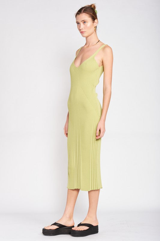 V Neck Ribbed Midi Dress With Open Back