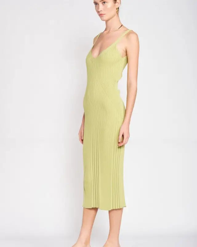 V Neck Ribbed Midi Dress With Open Back