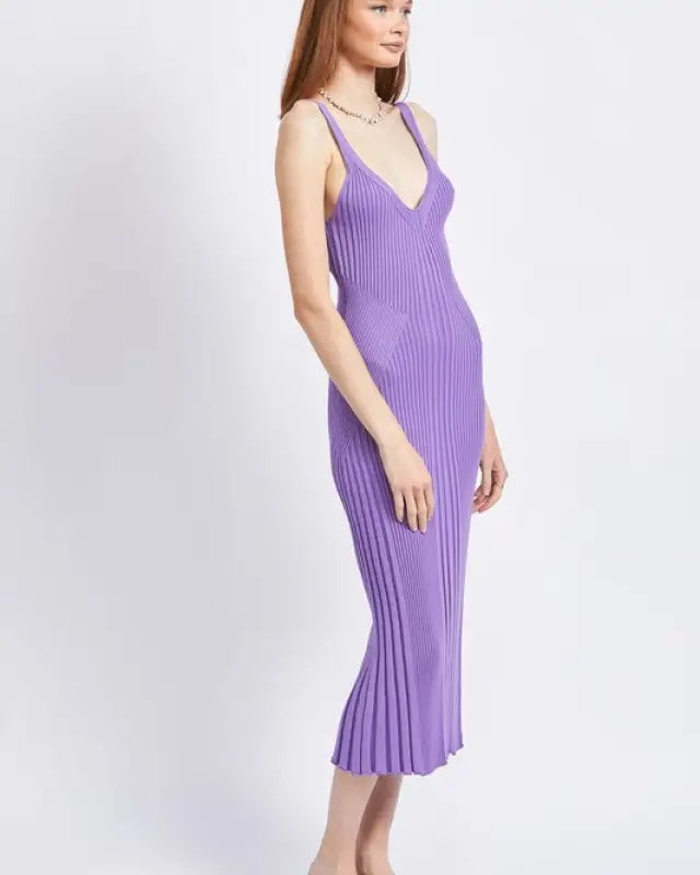 V Neck Ribbed Midi Dress With Open Back