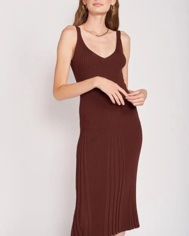 V Neck Ribbed Midi Dress With Open Back