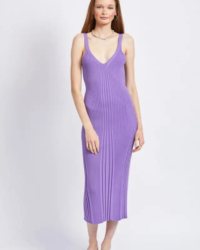 V Neck Ribbed Midi Dress With Open Back