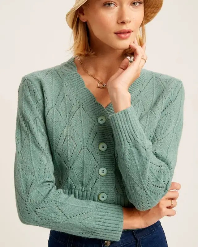 V-Neck Scallop Edge Button Down Crop Knit Cardigan