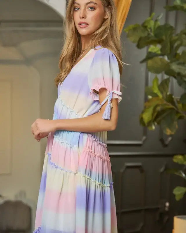 V-Neck Short Puff Sleeve Maxi Dress