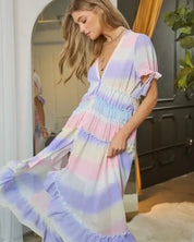 V-Neck Short Puff Sleeve Maxi Dress