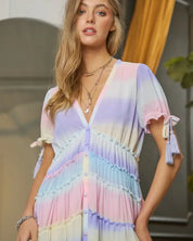 V-Neck Short Puff Sleeve Maxi Dress